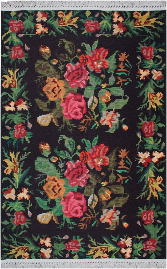 Tapis Kilim floral noir - Paillasson.shop