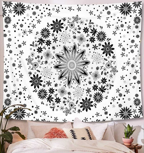 Tapis mural mandala noir et blanc - Paillasson.shop