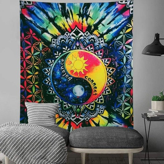 Tapis mural psychédélique Mandala Yin et Yang - Paillasson.shop
